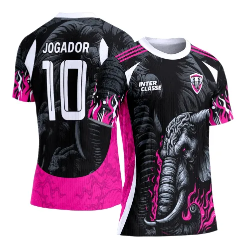 Camisa preta com figura de elefante cinza e branco rodeado por chamas rosas na frente, texto INTER CLASSE e escudo com elefante rosa no peito, costas com número 10 e JOGADOR em branco sobre fundo preto e rosa.
