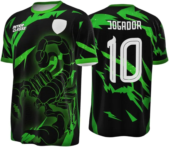 Camisa preta com detalhes verdes, escorpião estilizado em verde na frente, texto INTER CLASSE e escudo branco, costas com estilo riscado verde, nome JOGADOR e número 10 em branco.