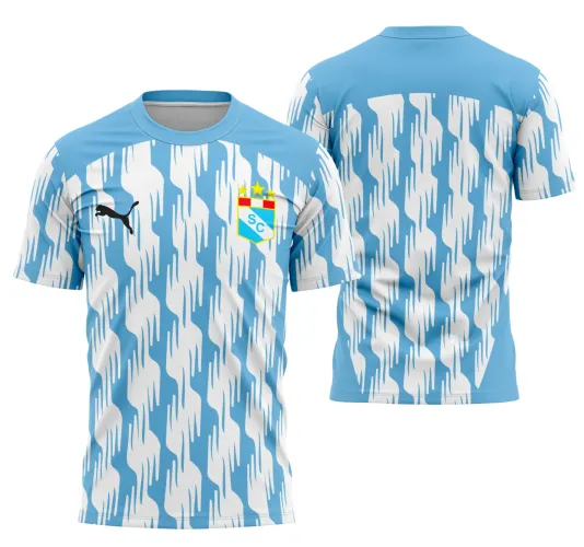 Camisa azul claro com efeito branco escorrido uniforme na frente e costas, escudo com estrelas e letras SC no peito esquerdo, logo Puma preto no direito, gola redonda azul claro, padrão contínuo nas mangas e corpo.