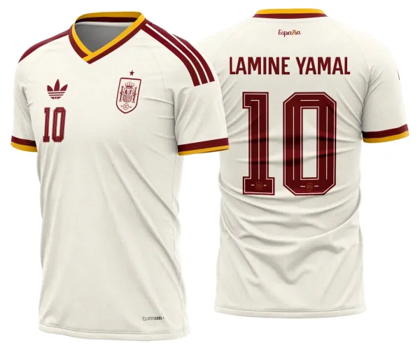 Imagem da camisa reserva da Espanha com logo no peito e estampa grande nas costas, exibindo estilo futebol clássico e cores vibrantes.