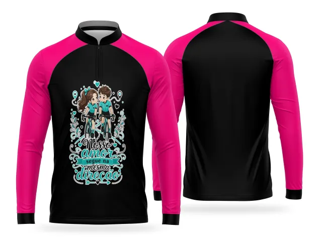 Camisa esportiva com estampa de casal ciclista e detalhes românticos