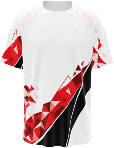 Camisa esportiva branca com estampa geométrica vermelha e preta, vista frente e costas
