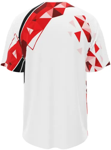 Camisa esportiva branca com estampa geométrica vermelha e preta, vista frente e costas
