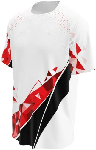 Camisa esportiva branca com estampa geométrica vermelha e preta, vista frente e costas