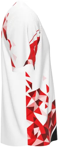 Camisa esportiva branca com estampa geométrica vermelha e preta, vista frente e costas