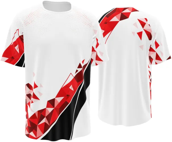 Camisa esportiva branca com estampa geométrica vermelha e preta, vista frente e costas