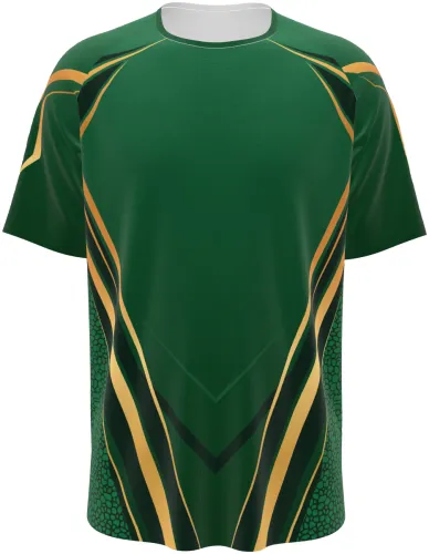 Mockup da camisa esportiva verde e dourada, frente e costas, gola redonda branca e mangas raglan