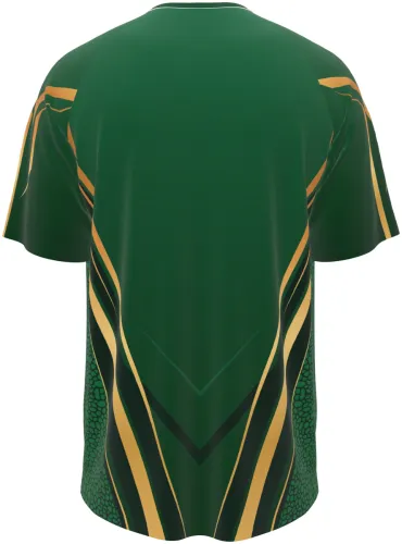 Mockup da camisa esportiva verde e dourada, frente e costas, gola redonda branca e mangas raglan