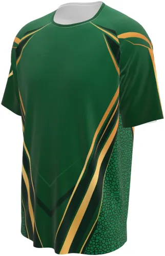 Mockup da camisa esportiva verde e dourada, frente e costas, gola redonda branca e mangas raglan