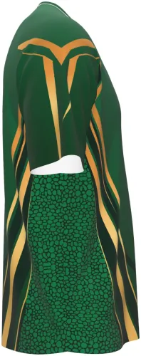 Mockup da camisa esportiva verde e dourada, frente e costas, gola redonda branca e mangas raglan