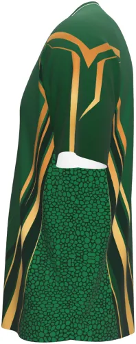 Mockup da camisa esportiva verde e dourada, frente e costas, gola redonda branca e mangas raglan