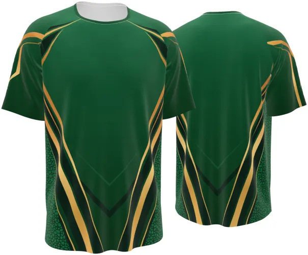 Mockup da camisa esportiva verde e dourada, frente e costas, gola redonda branca e mangas raglan
