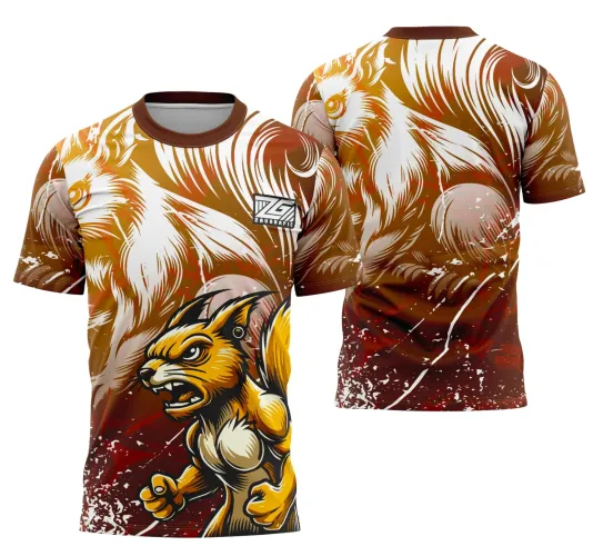 Camisa marrom e vermelho com mascote esquilo amarelo agressivo na frente e fundo com rosto de esquilo branco e marrom, fundo desgastado com efeitos brancos, costas exibem o rosto do esquilo e bola; logo ZG na frente.