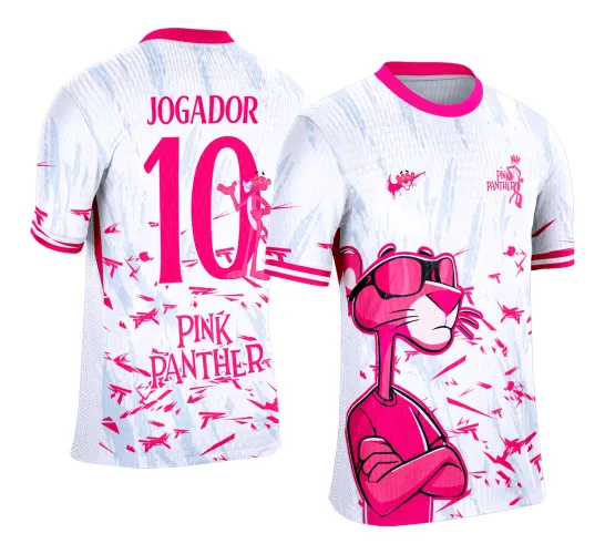 Camisa branca feminina com estampa da Pantera Cor-de-Rosa rosa pink na frente e costas, gola e detalhes rosa pink, textos JOGADOR, 10 e PINK PANTHER em destaque, estilo moderno e vibrante.