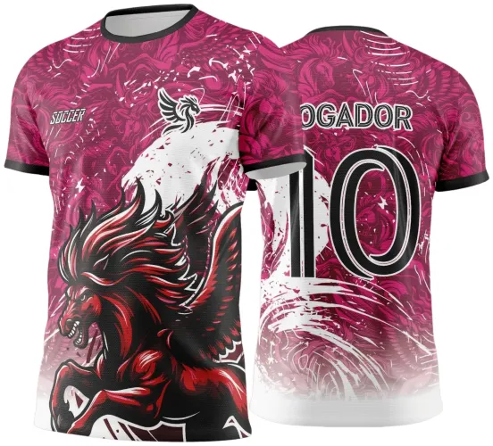Camisa feminina com estampa frontal de Pégaso vermelho e preto em pose dinâmica com fundo rosa e detalhes brancos. Costas têm degradê rosa, o número 10 em preto e branco e o texto JOGADOR na parte superior.