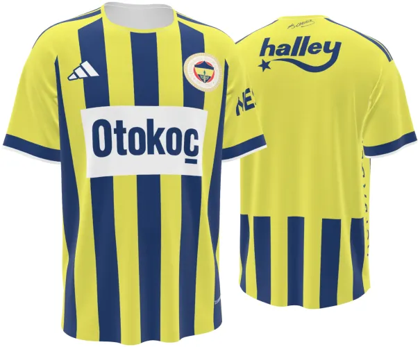 Camisa titular do Fenerbahçe 2026 - 2027 listrada de amarelo e azul-marinho, frente e costas