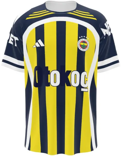 Camisa titular do Fenerbahçe 2023 - 2024, listrada em amarelo e azul-marinho, com escudo e patrocinadores