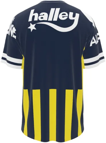 Camisa titular do Fenerbahçe 2023 - 2024, listrada em amarelo e azul-marinho, com escudo e patrocinadores
