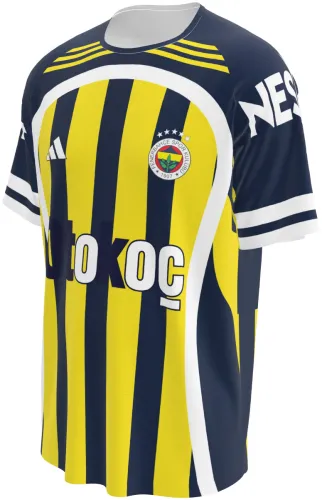 Camisa titular do Fenerbahçe 2023 - 2024, listrada em amarelo e azul-marinho, com escudo e patrocinadores