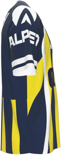 Camisa titular do Fenerbahçe 2023 - 2024, listrada em amarelo e azul-marinho, com escudo e patrocinadores