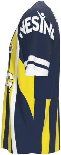 Camisa titular do Fenerbahçe 2023 - 2024, listrada em amarelo e azul-marinho, com escudo e patrocinadores