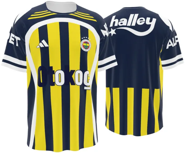 Camisa titular do Fenerbahçe 2023 - 2024, listrada em amarelo e azul-marinho, com escudo e patrocinadores