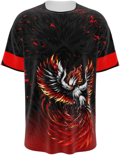 Camisa preta com estampa de fênix vermelha e dourada em chamas, frente e costas, mangas vermelhas