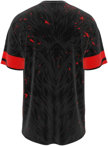 Camisa preta com estampa de fênix vermelha e dourada em chamas, frente e costas, mangas vermelhas