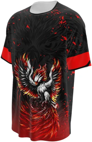 Camisa preta com estampa de fênix vermelha e dourada em chamas, frente e costas, mangas vermelhas