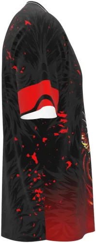 Camisa preta com estampa de fênix vermelha e dourada em chamas, frente e costas, mangas vermelhas