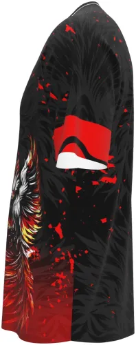 Camisa preta com estampa de fênix vermelha e dourada em chamas, frente e costas, mangas vermelhas