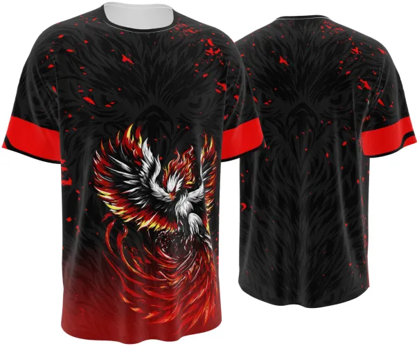 Camisa preta com estampa de fênix vermelha e dourada em chamas, frente e costas, mangas vermelhas
