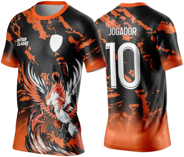 Camisa preta com degradê laranja, frente com fênix branca e laranja em pose dinâmica, texto INTER CLASSE e escudo branco; costas com número 10 e texto JOGADOR em branco.