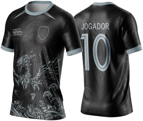 Camisa preta com gola e punhos cinza claro, mostra na frente uma grande fênix prateada em pose agressiva, texto INTER CLASSE e escudo branco; costas com nome JOGADOR e número 10 em cinza claro sobre fundo preto com detalhes da ave.