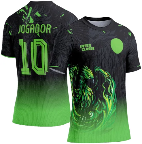 Camisa preta com degradê para verde, fênix verde e amarela na frente, textos INTER CLASSE no peito e JOGADOR 10 nas costas, estilo esportivo para times e eventos.