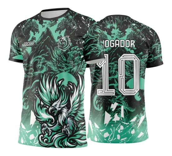Camisa preta e verde com fênix branca e preta em destaque na frente, montanha e símbolo circular no fundo, costas exibem o número 10 e o nome JOGADOR em branco, com dragões e elementos gráficos em verde e preto ao redor.