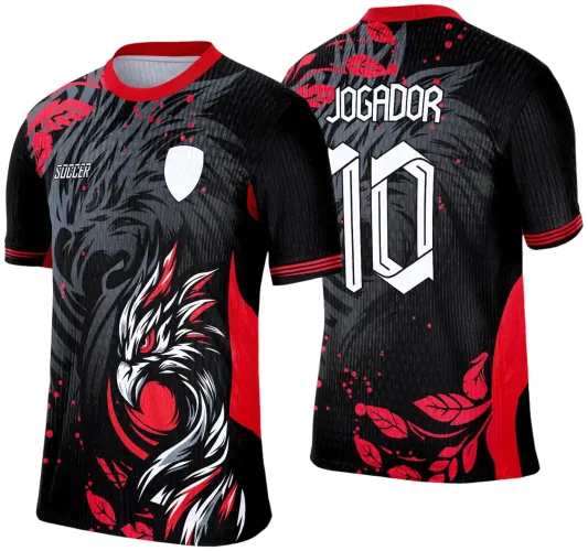 Camisa preta com gola vermelha apresenta fênix branca e vermelha na frente com detalhes em vermelho; nas costas, número 10 e nome JOGADOR em branco, com folhas vermelhas decorando a parte inferior.