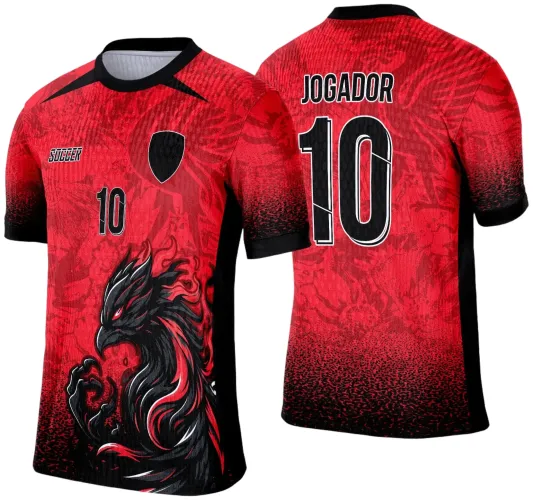 Camisa vermelha com degradê preto nas mangas e base, frente com grande figura de fênix preta e vermelha, número 10 e escudo preto, costas com número 10 grande e palavra JOGADOR em preto com contorno branco.