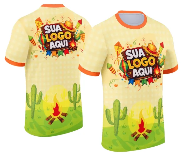 Camisa com logo no peito e estampa grande nas costas, perfeita para festas juninas com design colorido e alegre, destacando elementos típicos do arraiá em estilo tradicional.