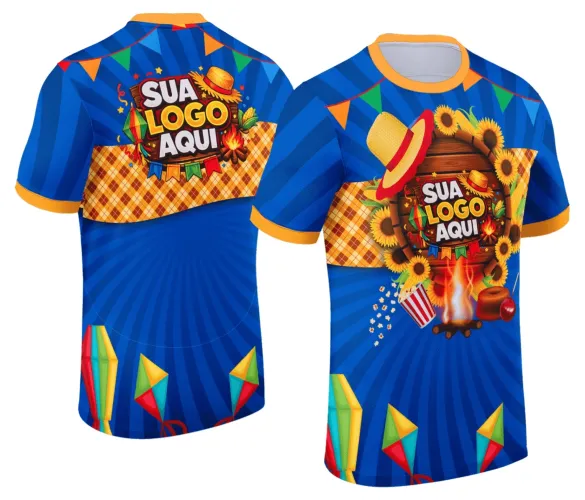 Camisa com logo no peito e estampa grande nas costas, trazendo elementos típicos da festa junina com detalhes coloridos e rústicos que remetem ao clima de arraial e celebração tradicional.