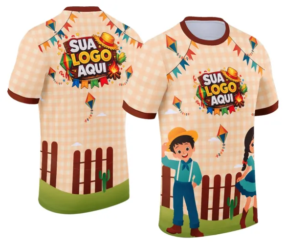 Camisa festa junina com logo no peito delicado e estampa grande nas costas vibrante, com detalhes tradicionais do arraiá em cores alegres que refletem o clima de celebração e diversão.