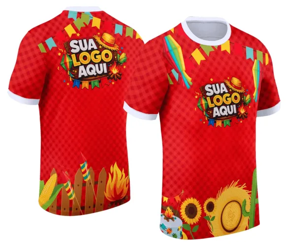 Camisa com logo no peito e estampa grande nas costas, exibindo tema festivo e colorido inspirado na festa junina com detalhes típicos do Arraiá, perfeita para celebrar com estilo e alegria.