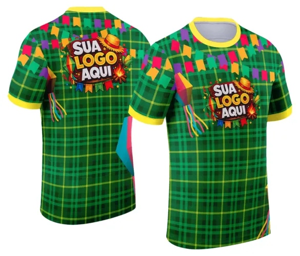 Camisa com logo no peito e estampa grande nas costas com tema festivo de festa junina, apresentando cores vivas e elementos típicos da cultura nordestina com detalhes que remetem ao arraiá tradicional.