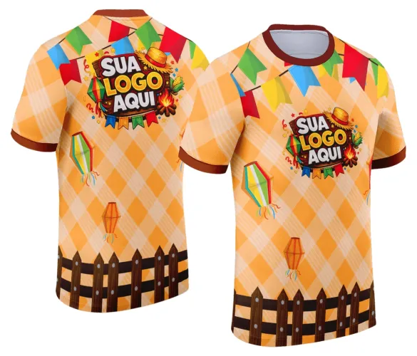 Camisa final com logo no peito e estampa grande nas costas, mostrando detalhes da festa junina em cores vibrantes e estilo rústico, perfeita para celebrações típicas com charme e autenticidade.