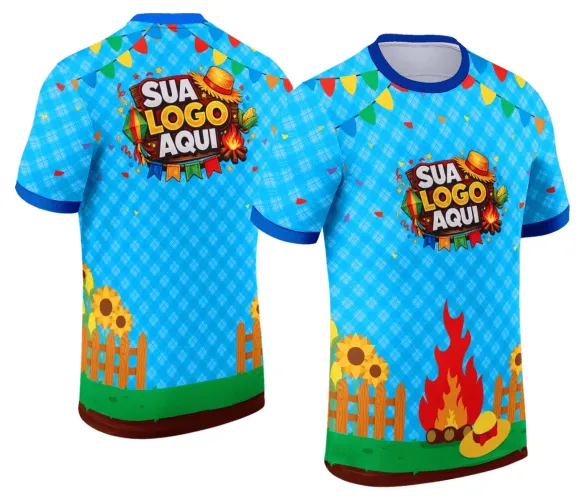 Camisa com logo no peito e estampa grande nas costas, destacando padrões típicos de festa junina com cores vibrantes e tema arraiá bem característico.