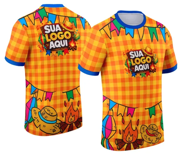 Camisa com logo no peito e estampa grande nas costas que remete à festa junina tradicional, com elementos coloridos e alegres para celebrar o Arraiá com estilo e diversão.