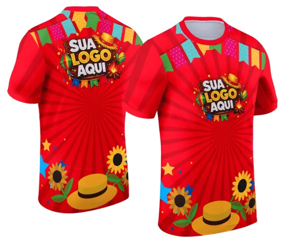 Camisa junina com logo no peito e estampa grande nas costas, combinando elementos tradicionais de festa junina em cores vibrantes que destacam o estilo arraiá em uma peça cheia de personalidade.