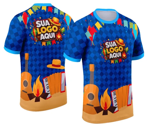Camisa com logo no peito e estampa grande nas costas, exibindo um design tradicional de festa junina com elementos típicos do arraiá, perfeito para celebrar eventos com muita cor e alegria.