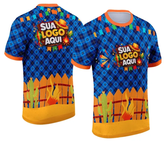 Camisa com logo no peito e estampa grande nas costas, inspirada na tradição das festas juninas, em cores vibrantes e design festivo, perfeita para celebrar o arraial com estilo e alegria.