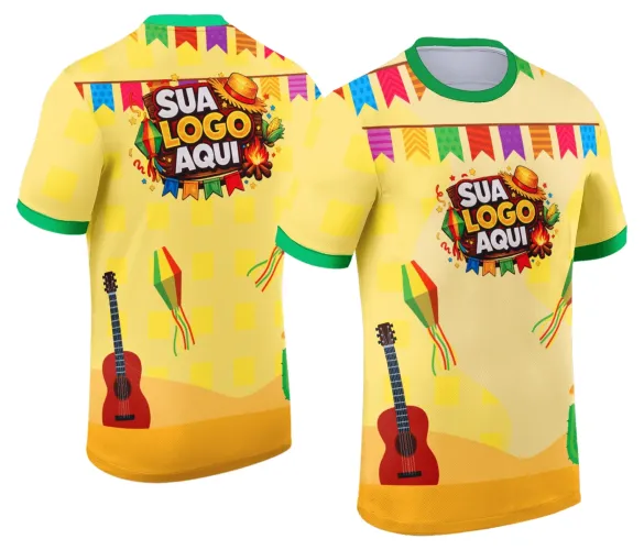 Camisa estilizada com logo no peito e estampa grande nas costas, ideal para festas juninas com um visual alegre e colorido que celebra a tradição da temporada.